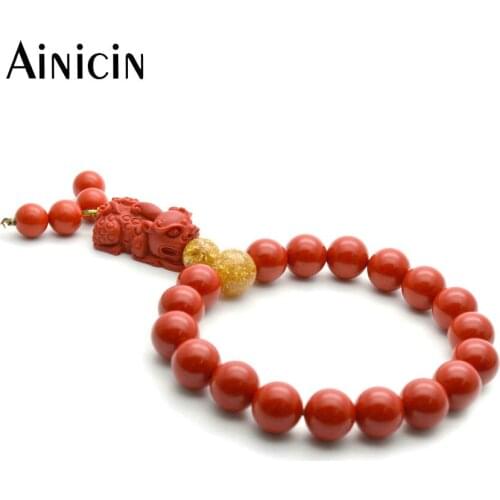 Red Cinnabar Carved Pixiu Charms Stretch Strand Bracelets For Man and Women 10mm Beads Talisman Jewelry Birthday Gift