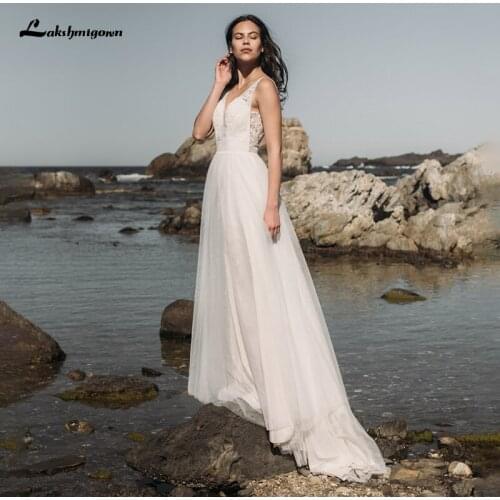 Lakshmigown Boho Wedding Dresses vestido de novia 2021 V-Neck Lace A-Line Tulle Wedding Gown Beach Simple Bridal Dress Robe Mari