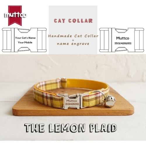 MUTTCO Retailing stout durable soft handmade engraved metal buckle cat collar THE LEMON PLAID 2 sizes UCC057