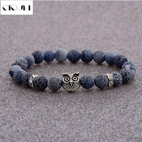 OIQUEI Women Mens Sliver Color Owl Beads Beaded Bracelets 8mm Natural Lava Stone Energy Yoga Bracelets&Bangles Fashion Jewelry