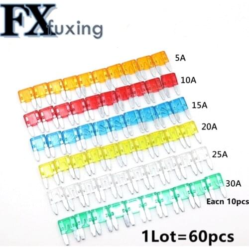 60pcs Mixed Mini Blade Fuse Zinc Alloy and Plastic Material 5A 10A 15A 20A 25 30A AMP Each 10pcs Set For Auto Car Truck