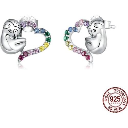 Rainbow zircon Heart Stud Earrings for women fine jewelry 925 sterling silver cute sloth earrings girls wedding gifts hot sale