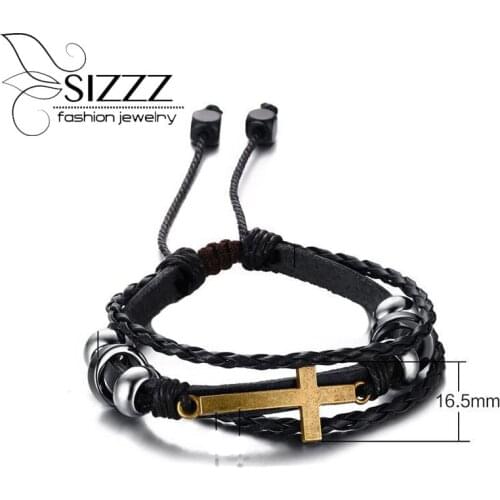 SIZZZ New Listing Alloy Black Gallstone Cross Adjustable Leather Hand Rope Men Bracelet
