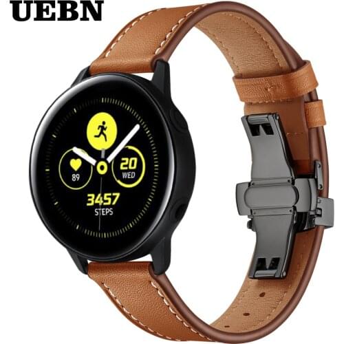 UEBN Black Butterfly clasp Leather strap for Samsung Active 2 40mm 44mm SM-R820 R830 R500 R600 R810 Galaxy Watch 42mm Watchband