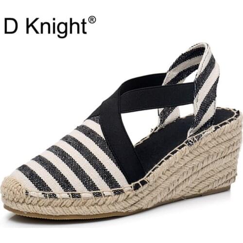 Women Espadrilles Wedge Sandals Ankle Strap Summer Canvas Platform Wedges Fashion Stripes Slip On Women Platform High Heel Shoes
