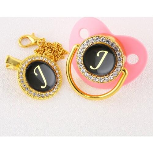 Pink Baby Pacifier And Pacifier Clip Latin Alphabet Letter J Infant Pacifier Golden Letters Unique Baby Shower Gift