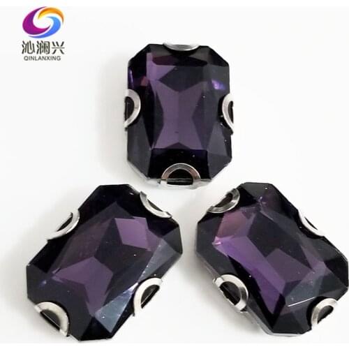 Deep purple Rectangle octagonal shape Glass Crystal sew on Anti hook D shape claw rhinestones,Diy Clothing accessories SWCD16
