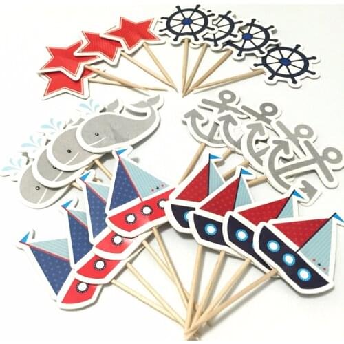 Cupcake Decorations 24pcs Mediterranean Sailor Ship Anchor Cake Topper cupcake picks flags for Kids Children Birthday Party