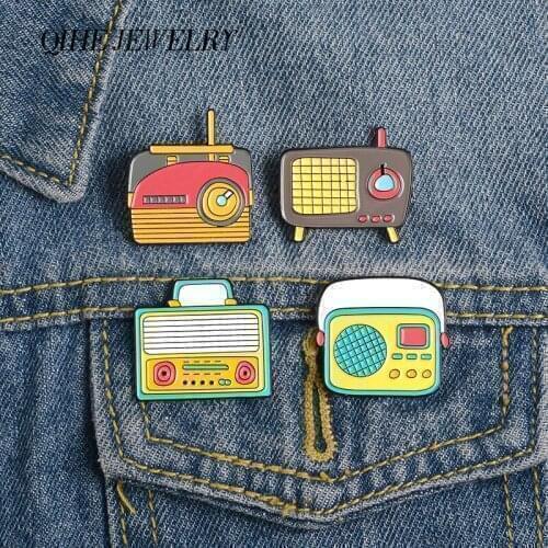 QIHE JEWELRY 4 Retro Cartoons Portable Radio Enamel pins Lapel pins Brooches Badges Denim Clothes Bag pins Gift for Friends