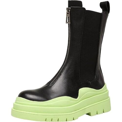 ZJVI Women 2021 Genuine Leather Autumn winter Mid Calf Boots Squrare Heels Woman Ladies Shoes For Girls Plactform Mixed Colors