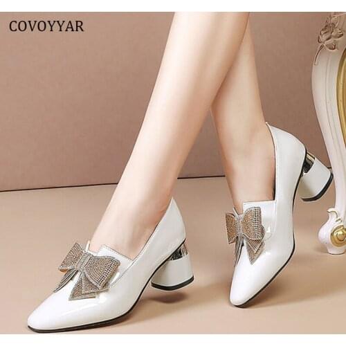 COVOYYAR Women High Heels 5.5cm Bling Bow Pointed Toe Slip on Lady Pumps Spring Fall Fashion Women Shoes Loafers WHH301