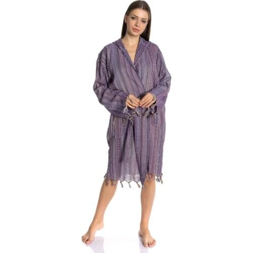 Womens Bathrobe Pompoms Hooded Peshtemal
