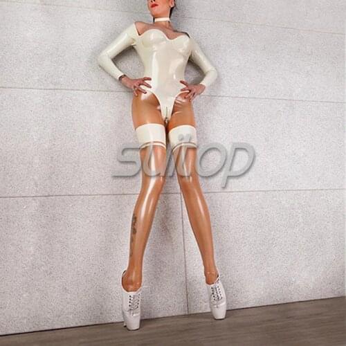 Women 's latex Capri catsuit tight in natural clear and white