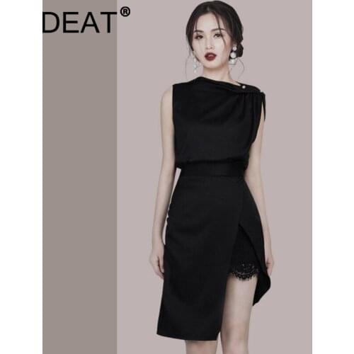 DEAT Woman Suit Solid Sleeveless Skew Collar T-shirt + High Waist Split Irregular Skirt Vintage Style 2021 New Summer 15XM628