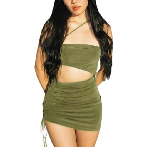 Women’s Sexy Suspender Short Dress Fashion Solid Color Hollow High Waist Drawstring Tight Dress