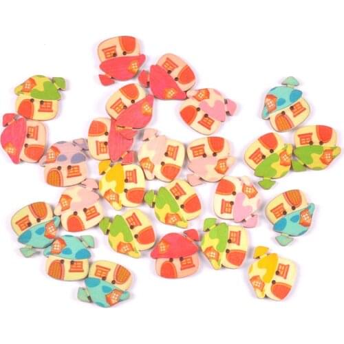 25Pcs 2 Holes Multicolor Painted House Wooden Buttons For Clothing Sewing Supplies Handcraft Scrapbooking Crafts DIY Accessories
