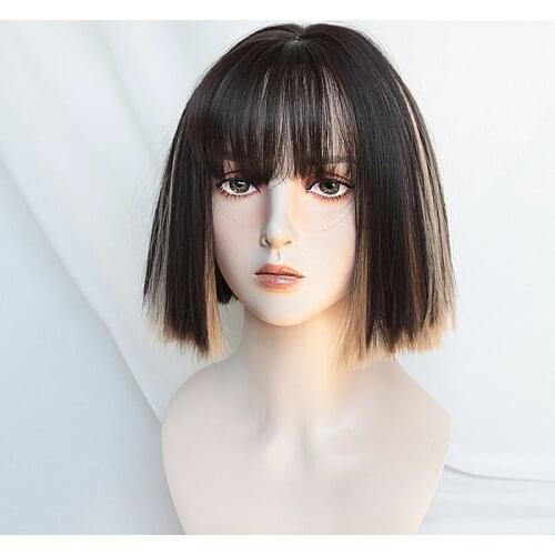 Black Mixed Blond Kawaii Lolita Wig Harajuku Cool Short Straight Hair Adult Chic Girls Women Cosplay Daily Wear