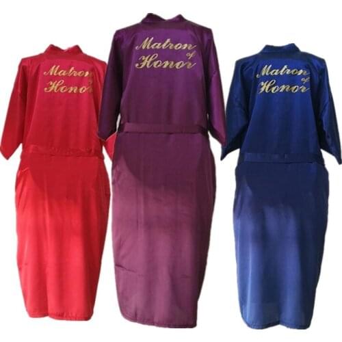Wholesale Matron of Honor Letter Gold Glitter Women Pure Color Long Satin Silk Robes Kimono Nightgown Spa Party Bathrobe T35