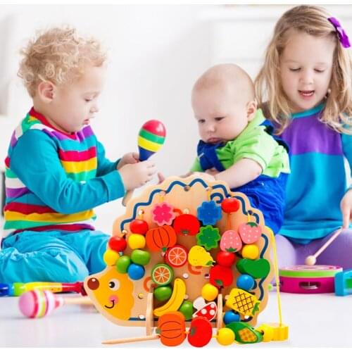Montessori Toys Educational Wooden Toys for Children Wood Hedgehog Fruits Stringing Beads Toys Educational Toys for Infant Kids