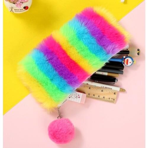Kawaii Back to School Pencil Case for Girls Pencilcase Cute Plush Pen Bag Korean Cartridge Box Big Rainbow Penal Stationery Kit
