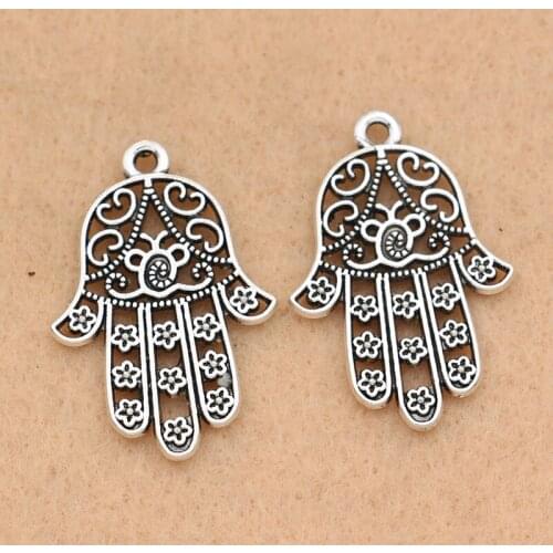 KJjewel Antique Silver Plated Hamsa Hand Charm Pendants Jewelry Making Bracelet Accessories 30x20mm 5PCS/lot