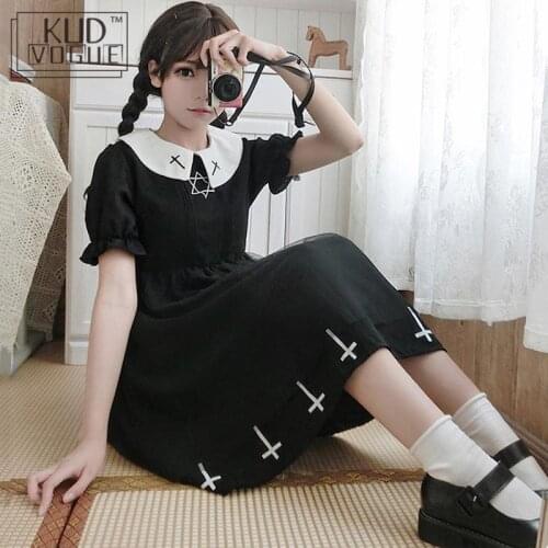 Gothic Lolita Dress Harajuku Street Fashion Cross Cosplay Female Japanese Short Long Sleeve Star Tulle Summer Party Prom Women