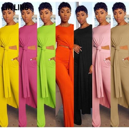 LINLING Fashion Womens Open Fork Irregular Lengthened Clothes and Loose Breathable Straight Pants Fashionable Two-piece Set