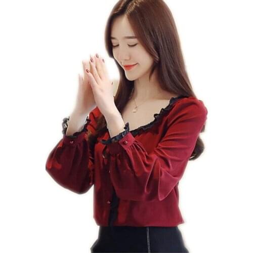 Sweet Lace Blouses 2019 New Arrival Short Spring Autumn Women Blouses Square Collar Ruffles Long Sleeve Tops Female Shirts Q1276