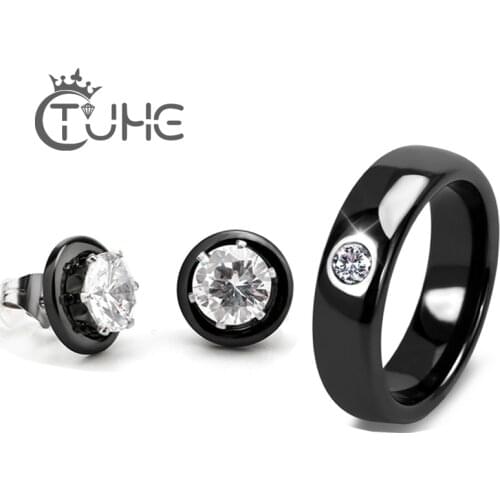 Fashion One Big Rhinestone Stud Earrings Rings Jewelry Set Never Fade Ceramic Earrings Rings Jewelry Set wholesale for women