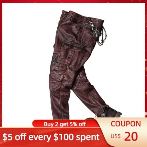 2021 Vintage Brown Men Bikers Leather Trousers Large Size XXXXL Genuine Natural Cowhide Autumn Slim Fit Motorcycle Pants