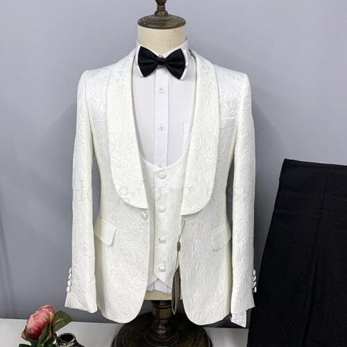 2021 New Mens 3 Pieces White Floral Suit Formal Business Shawl Lapel Slim Fit Tuxedo Groomsmen For Wedding (Blazer+Vest+Pants)