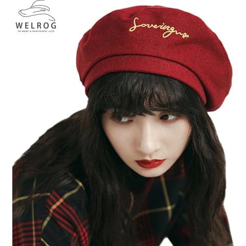 WELROG Solid Color Woolen Beret Letter Cap Fashion Octagonal Hat Winter Spring Women And Girls' Hat New Korean Wild Beret Hat