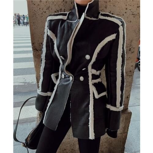 Fall / winter 2020 new European and American womens fur one piece lamb wool stitching PU leather suit collar long sleeve short