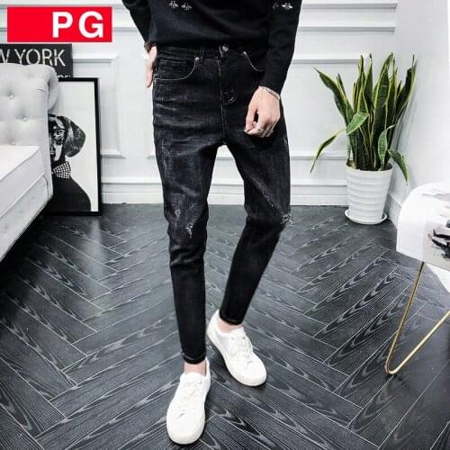 Autumn and winter 2021 Fashion Casual black ripped jeans mens slim feet pants mens Korean wild thick teenager pencil trousers