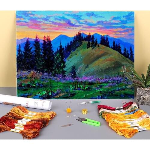 Landscape Summer Evening Printed Canvas 11CT Cross-Stitch Embroidery Patterns DMC Threads Hobby Handicraft Handiwork Decor