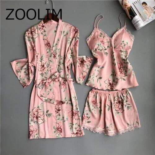 2019 Women Pajamas 3 Pieces Satin Sleepwear Pijama with Chest Pads Spaghetti Strap Lace Silk Sleep Lounge Nightwear Pyjama