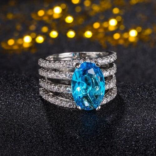 Luxury blue Ellipse Rings for women Crystal Glass Micro Pave Full white Cubic Zirconia stone silver color Fashion CZ Finger Ring