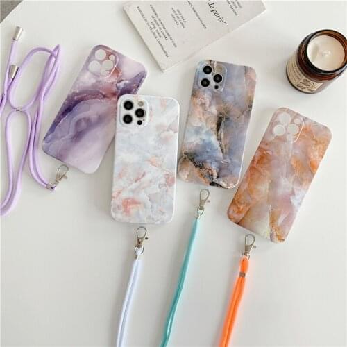 Luxury Marble Strap Cord Chain Lanyard Case For iPhone 11 12 Pro Max 7 8 Plus X XR XS Max SE2020 Soft IMD Shoockproof Back Cover