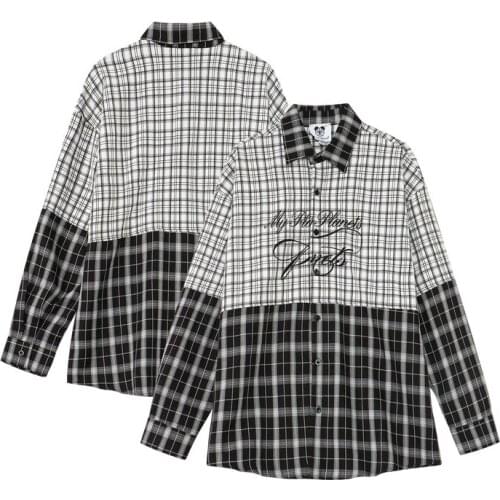 BD01 Autumn Unique Men Plaid Patchwork Shirts Fashion Youth Letter Print Long Sleeve Street All-Match Couple Lapel Blouse Coats