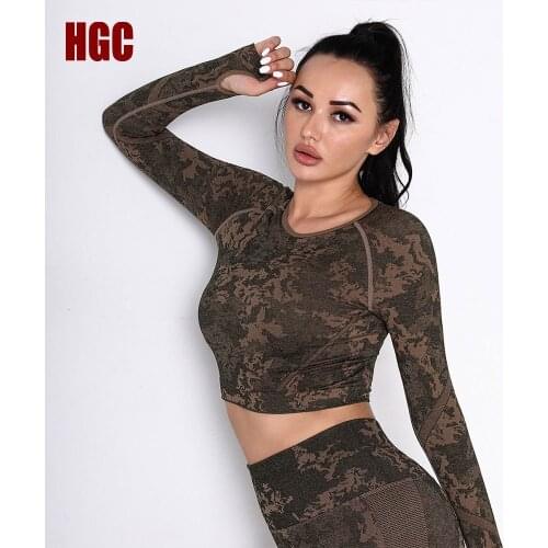 HGC Sports Top Women Seamless Camouflage Yoga Shirt Long Sleeve Thumb Holes Breathable Gym Clothes Running Sexy Fitness Blouse