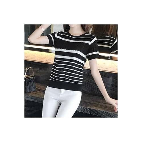Loose striped t-shirt womens summer dress 2021 new round collar hook flower hollow knitwear womens short-sleeved fashion