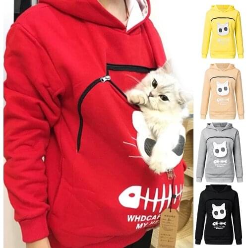 Thick Hoodie Women Long Sleeve Kangaroo Pouch Cats Fish Print pocket Hoodie Pets Holder Sweatshirt