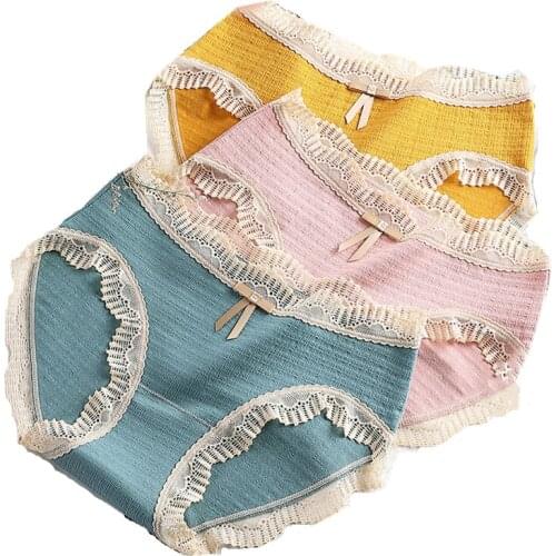 Pure Cotton Mid Waist Womens Panties Sexy Lace Breathable Hip Raising Underwear Crotch Antibacterial Briefs
