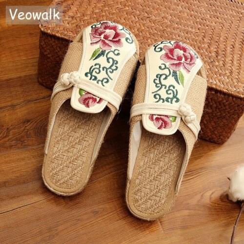 Veowalk Japanese Style Toe Women Handmade Embroidered Linen Cotton Flat Slippers Ladies Comfort Slide Espadrilles Hemp Shoes