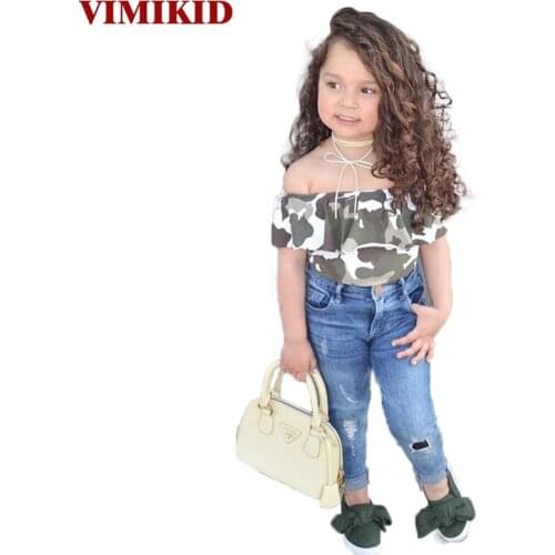 VIMIKID summer new girls Fashion clothing sets Childrens clothing Babados Mangas Camouflage T Shirt+jeans 2 pcs suit k1 k2