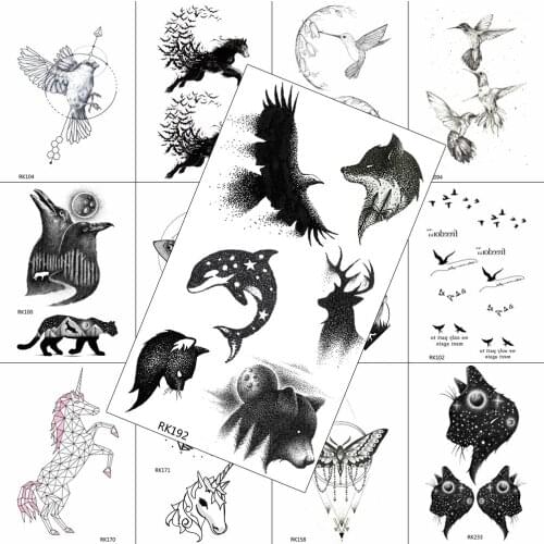 Black Eagle Wolf Whale Elk Bear Temporary Tattoos Fake Waterpoof Realistic Sheet Sticker For Adult Body Art Painting Arm Tattoos