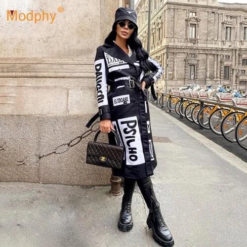 High Quality Printing Letter Pattern Loose Version Double Breasted Belt Long Coat Women Graffiti Casual Windbreaker Trench