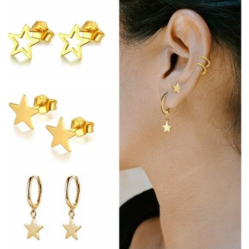 925 Sterling Silver Earrings For Women Gold Star Earrings Girl Gift Ear Bone Stud Earrings Female Cartilage Star Shape aretes