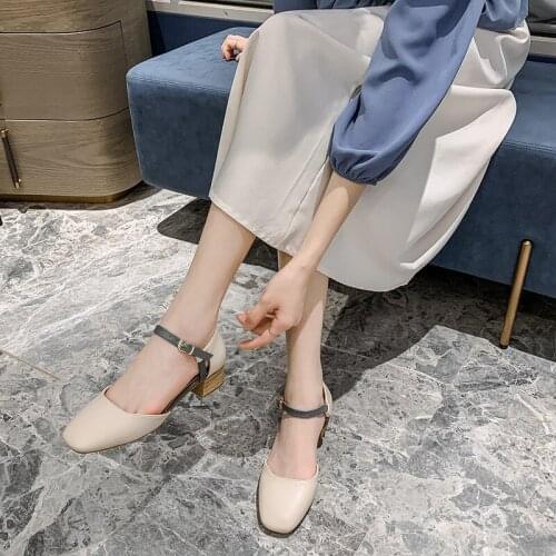 Womens Shoes 2021 new fashion Round head hollow out thick heel Mary Jane shoes sandals pumps Buckles PU High Heels Party Dress