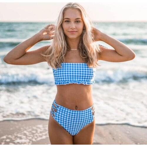 Plaid 2 Piece Sets Womens Swimsuit Hollow Out Women Swimwear Checkered Two-pieces Bikini Set Ribbed Bather Bathing Suit Swim
